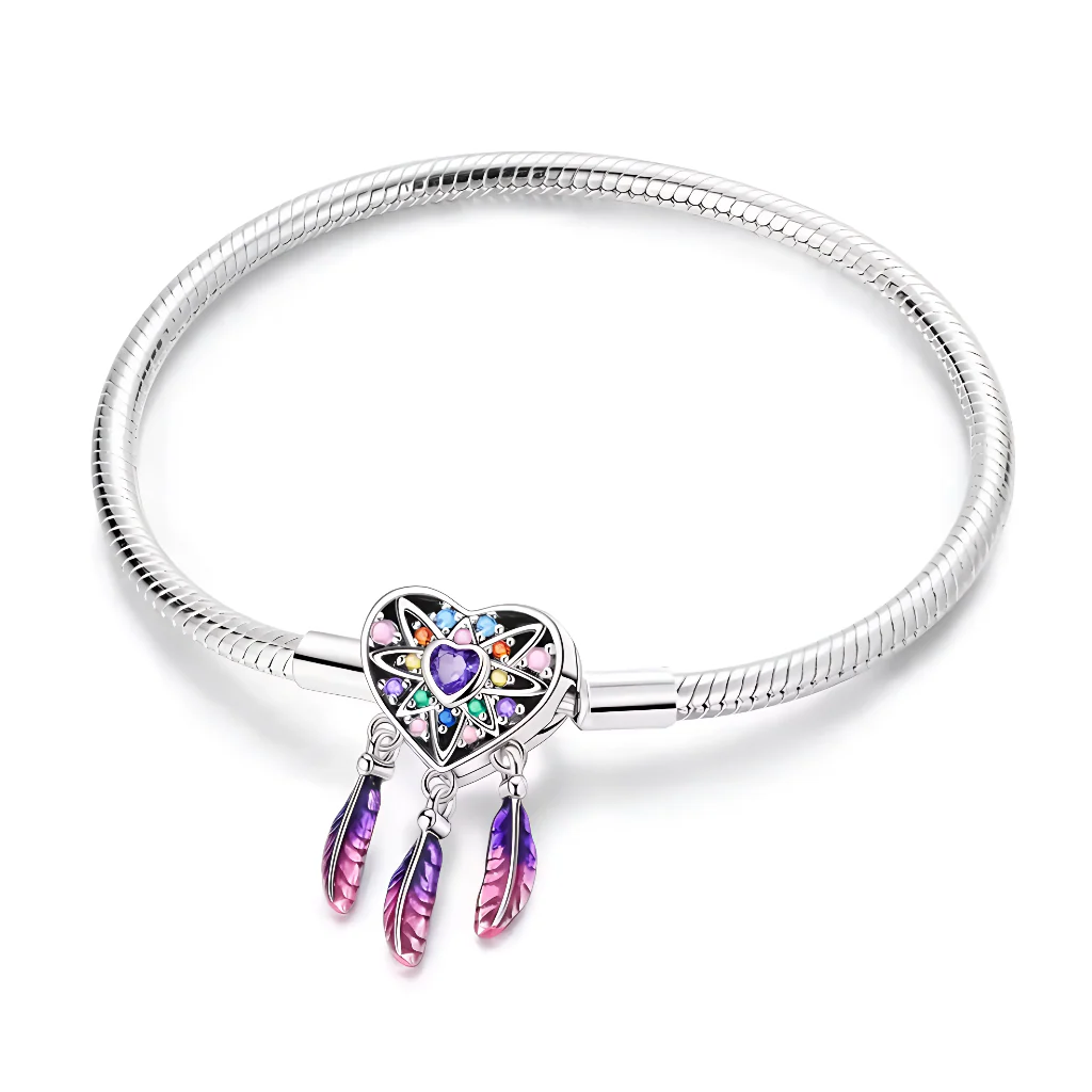 Bracelet - Heart Dreamcatcher and Rainbow Feathers