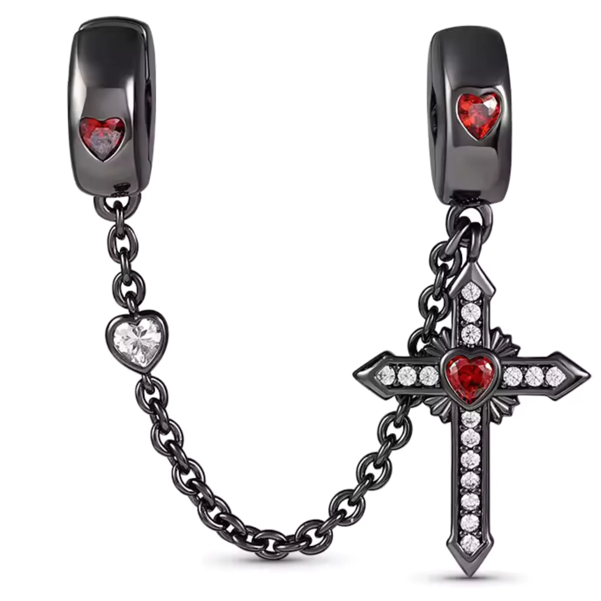 Black Short Chain Charm with Red Cross and Hearts – Elegance and Divine Passion