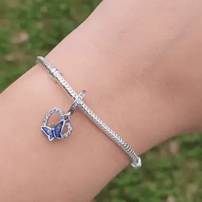 Charm Pendant - Heart with White Rhinestones and Blue Butterfly - Image 3
