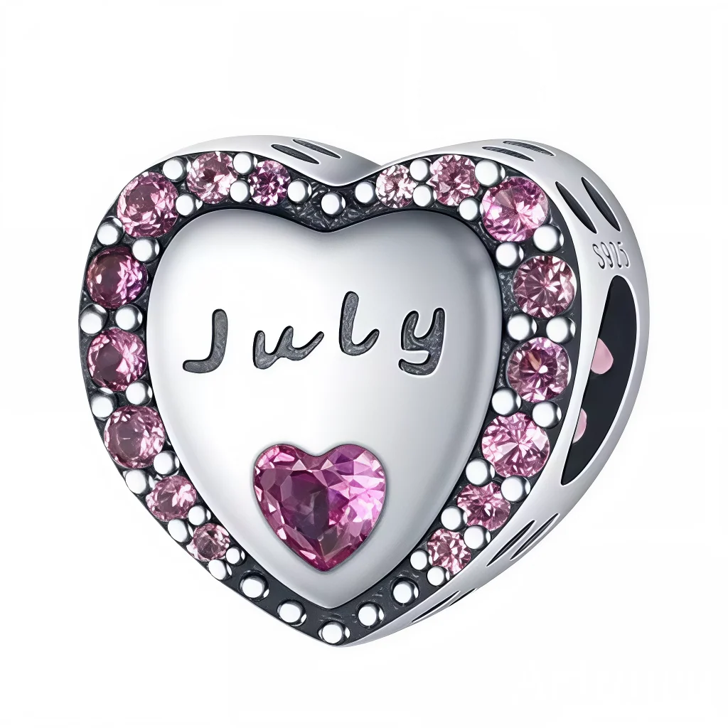 Charm - Heart with Dark Pink Rhinestones for the Month of July