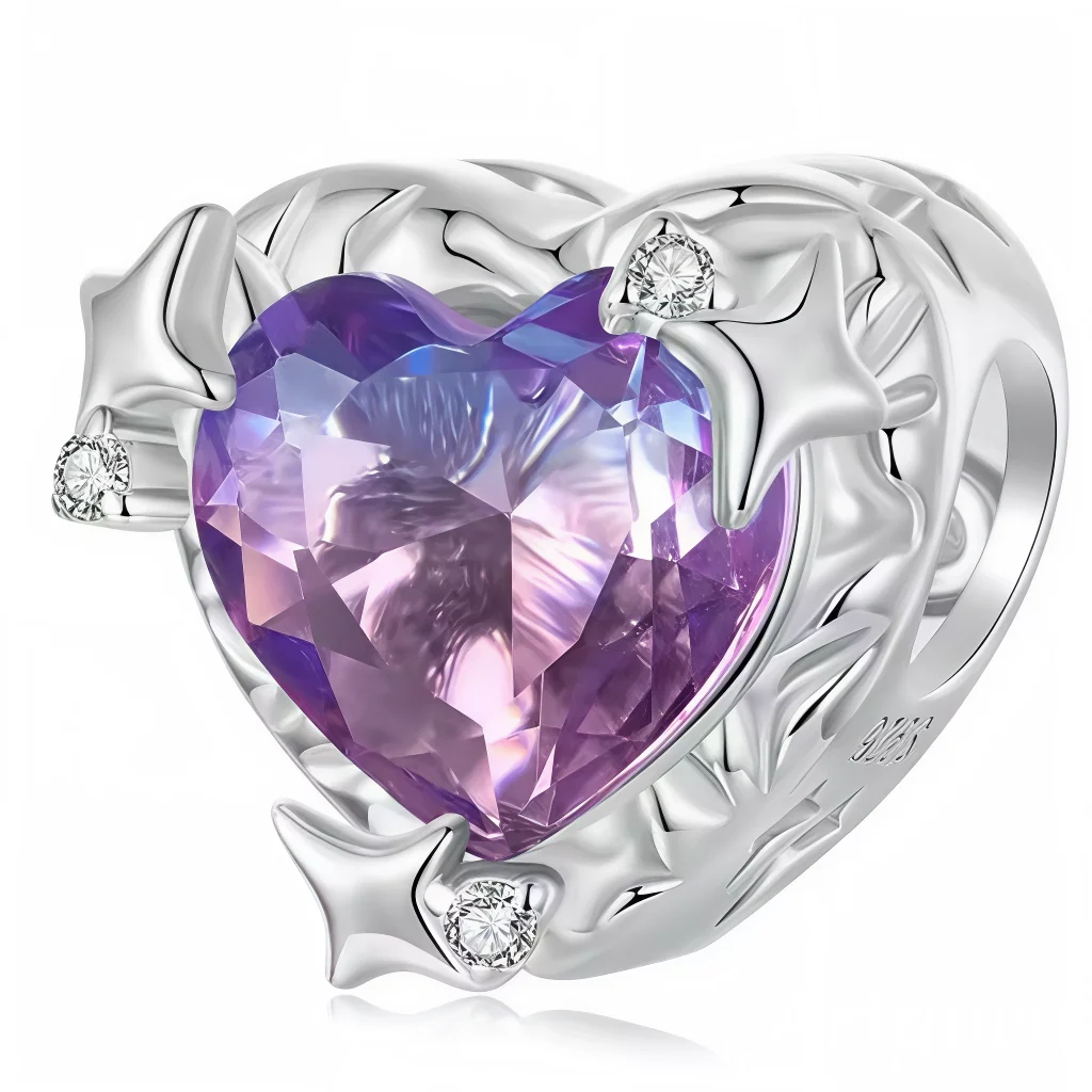 Charm - Purple Heart with Silver Outline