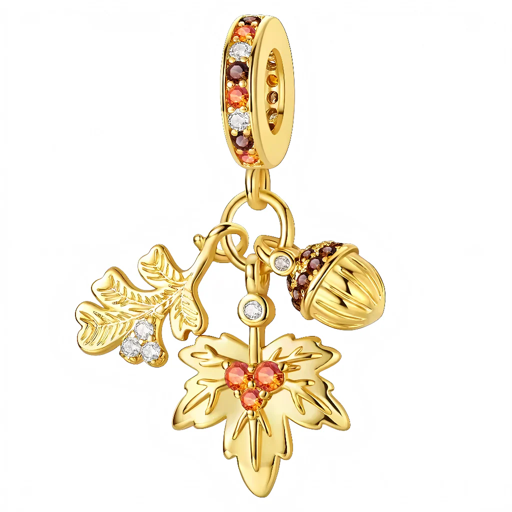 Charm Pendant - Leaves and Golden Acorn Hot Stones 