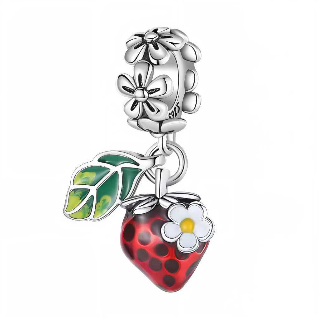Charm Pendant - Strawberry 925 Silver Flower and Enameled Leaf