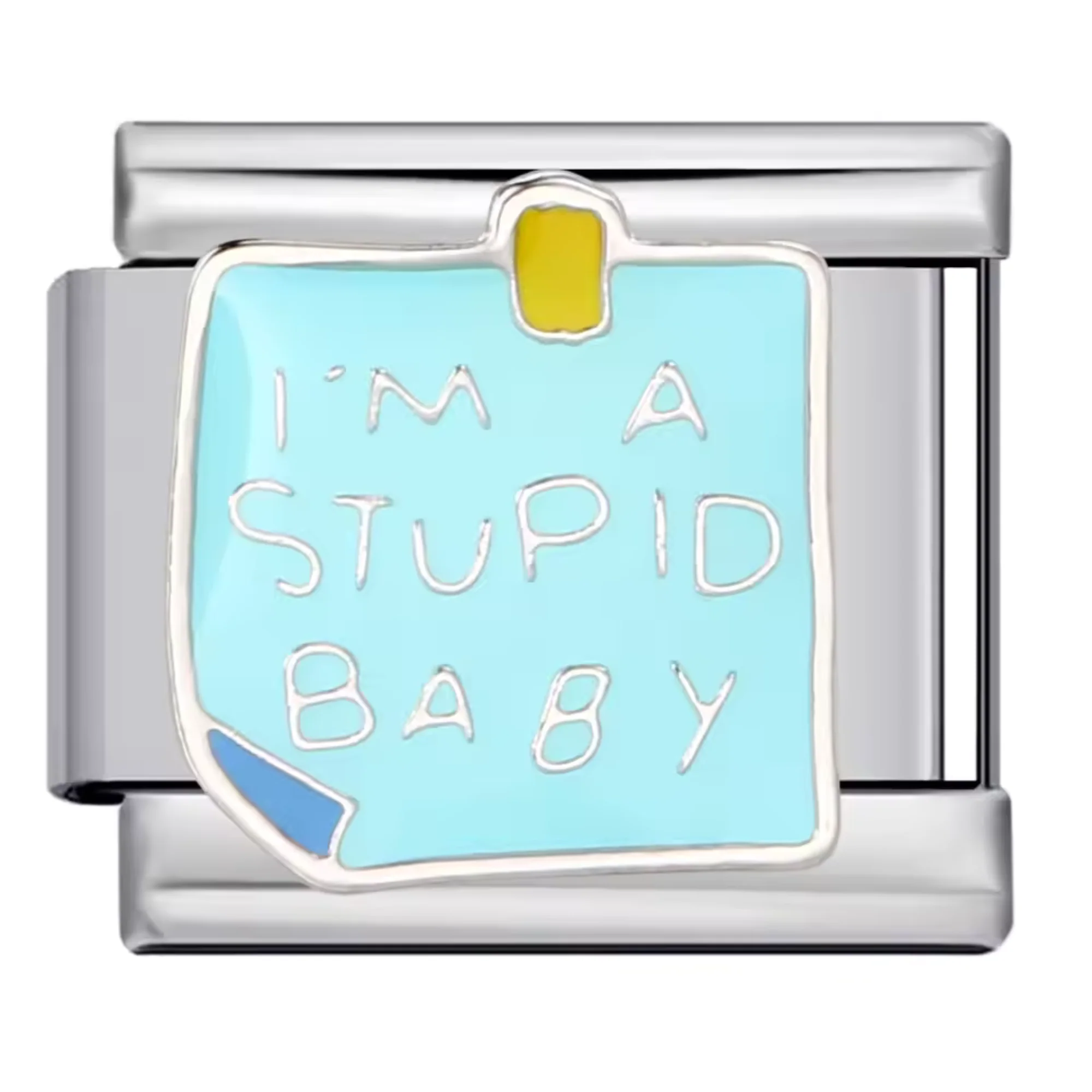Silver Italian Charm – Blue Post-it "I'm a stupid baby"