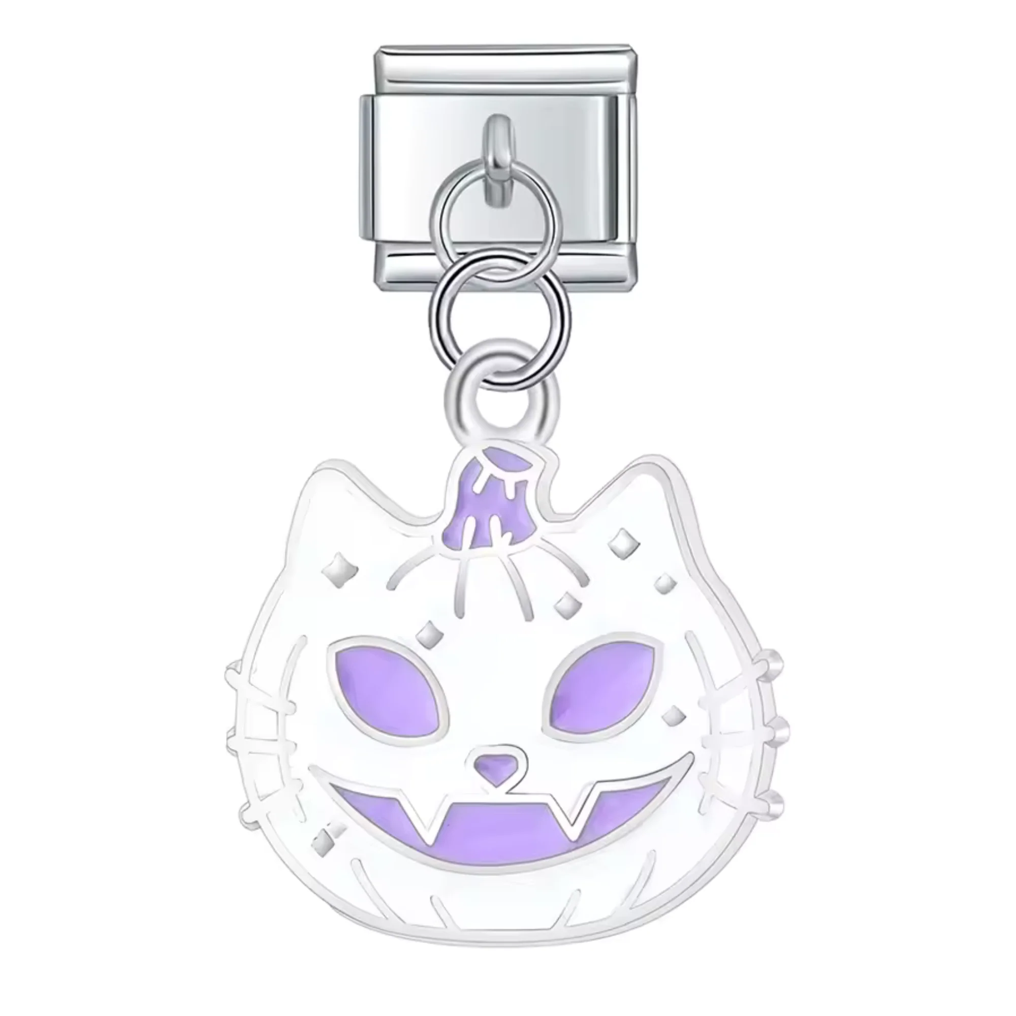 Italian Charm Pendant Silver – White and Purple Pumpkin Cat