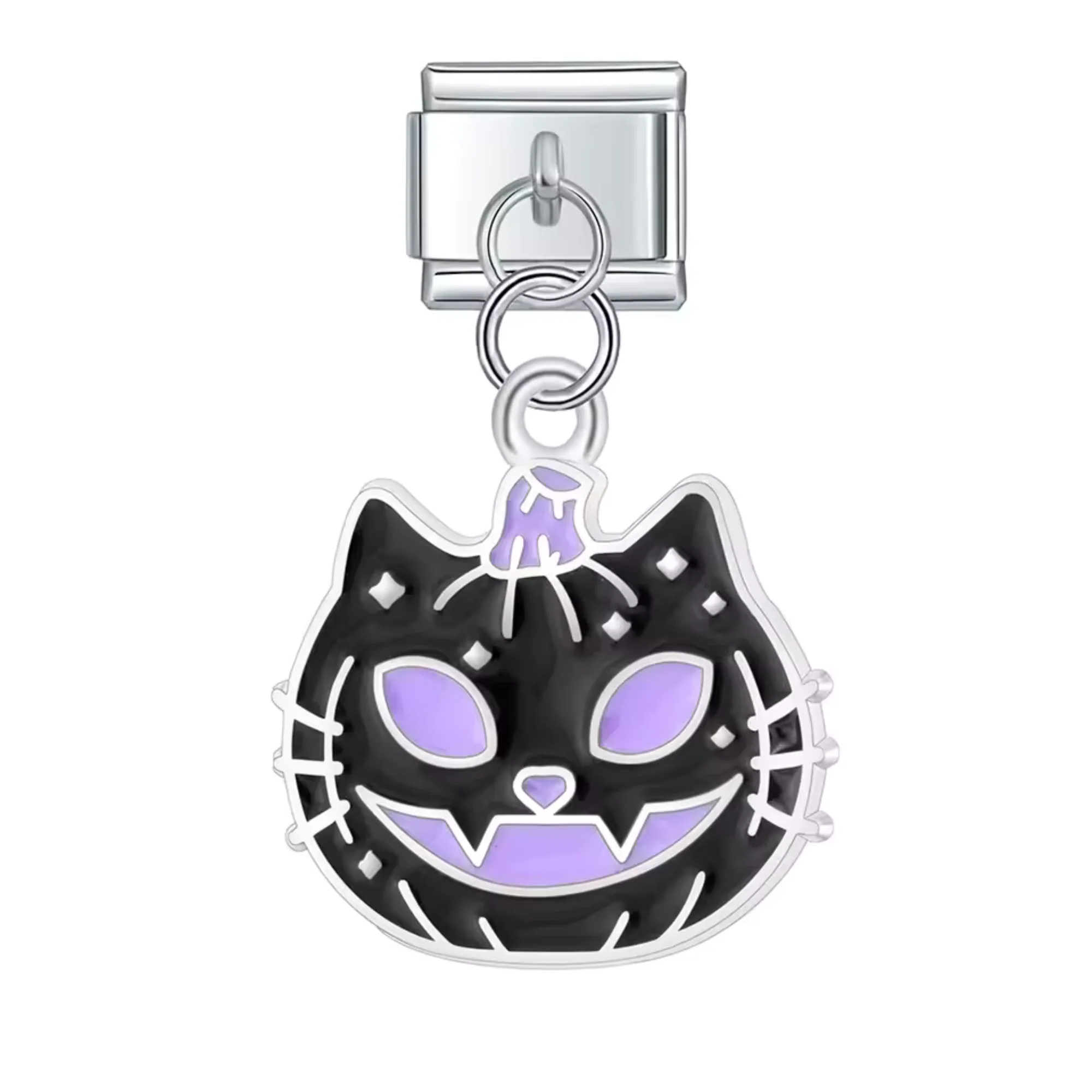 Italian Charm Pendant Silver – Black and Purple Pumpkin Cat