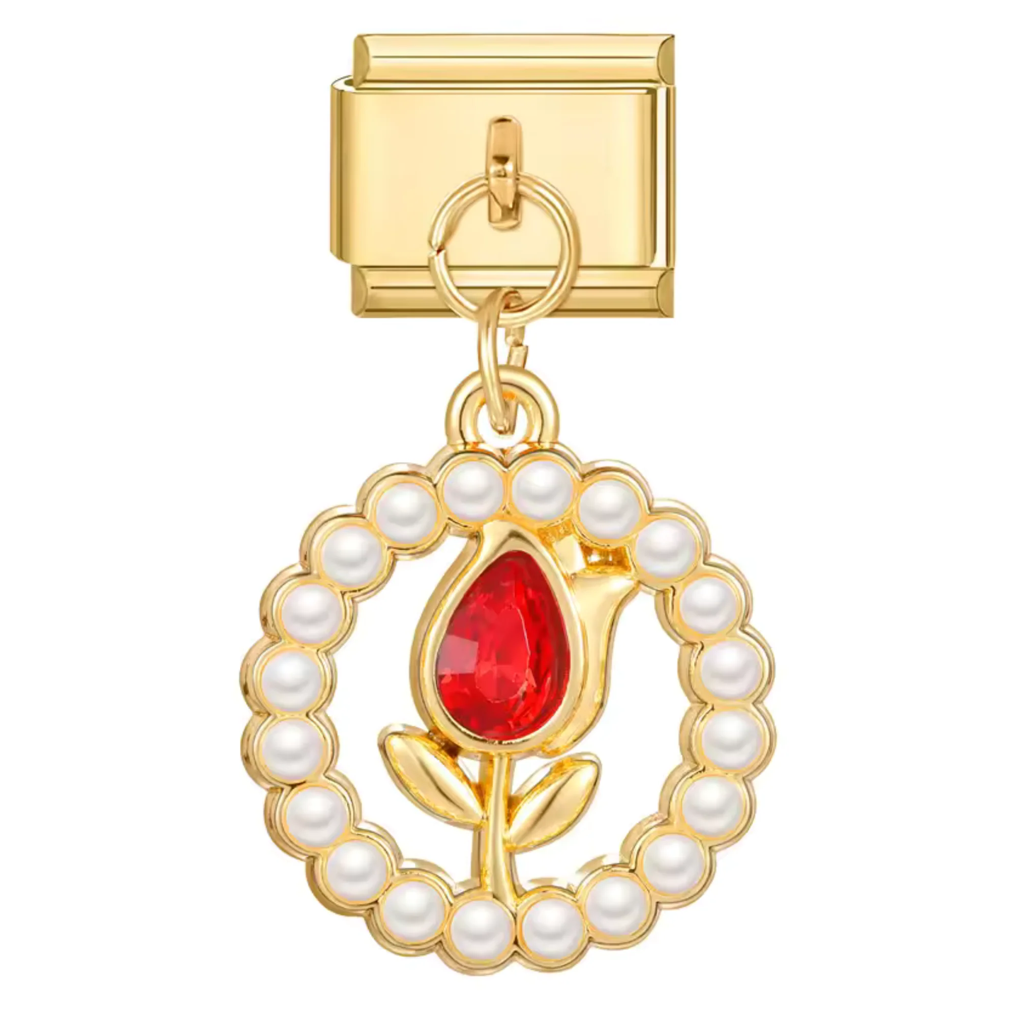 Italian Charm Pendant - Golden Flower with Red Shiny Stone