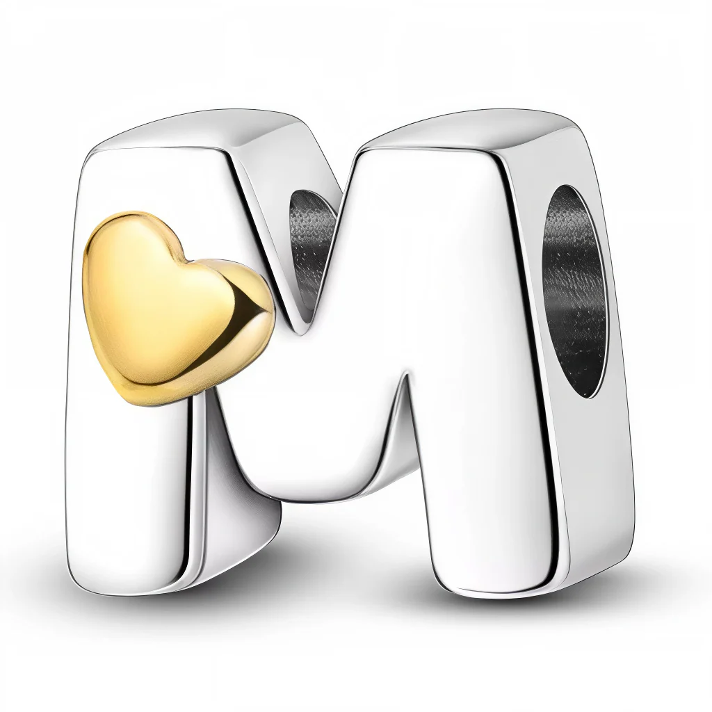 Charm - Letter "M" Silver with Small Gold Heart