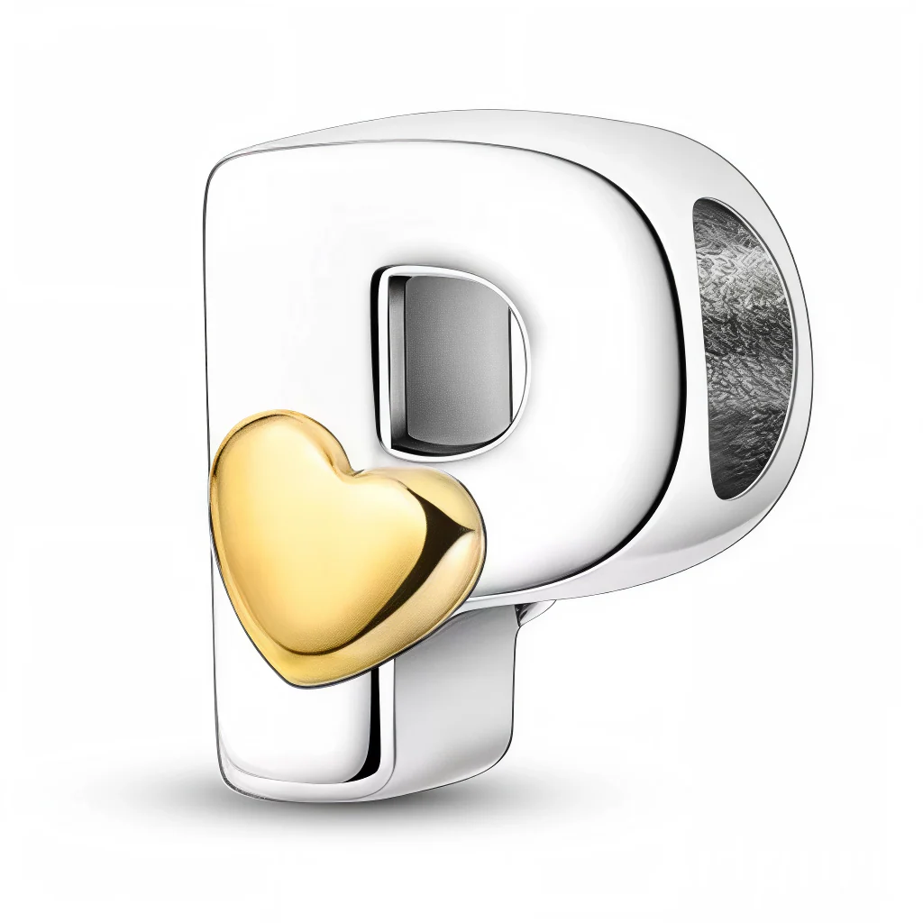 Charm - Silver Letter "P" with Small Gold Heart