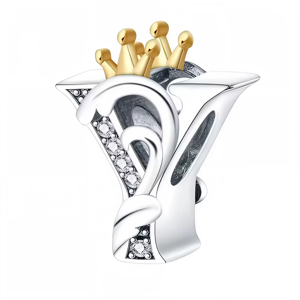 Charm - Silver Letter "Y" with Gold Crown