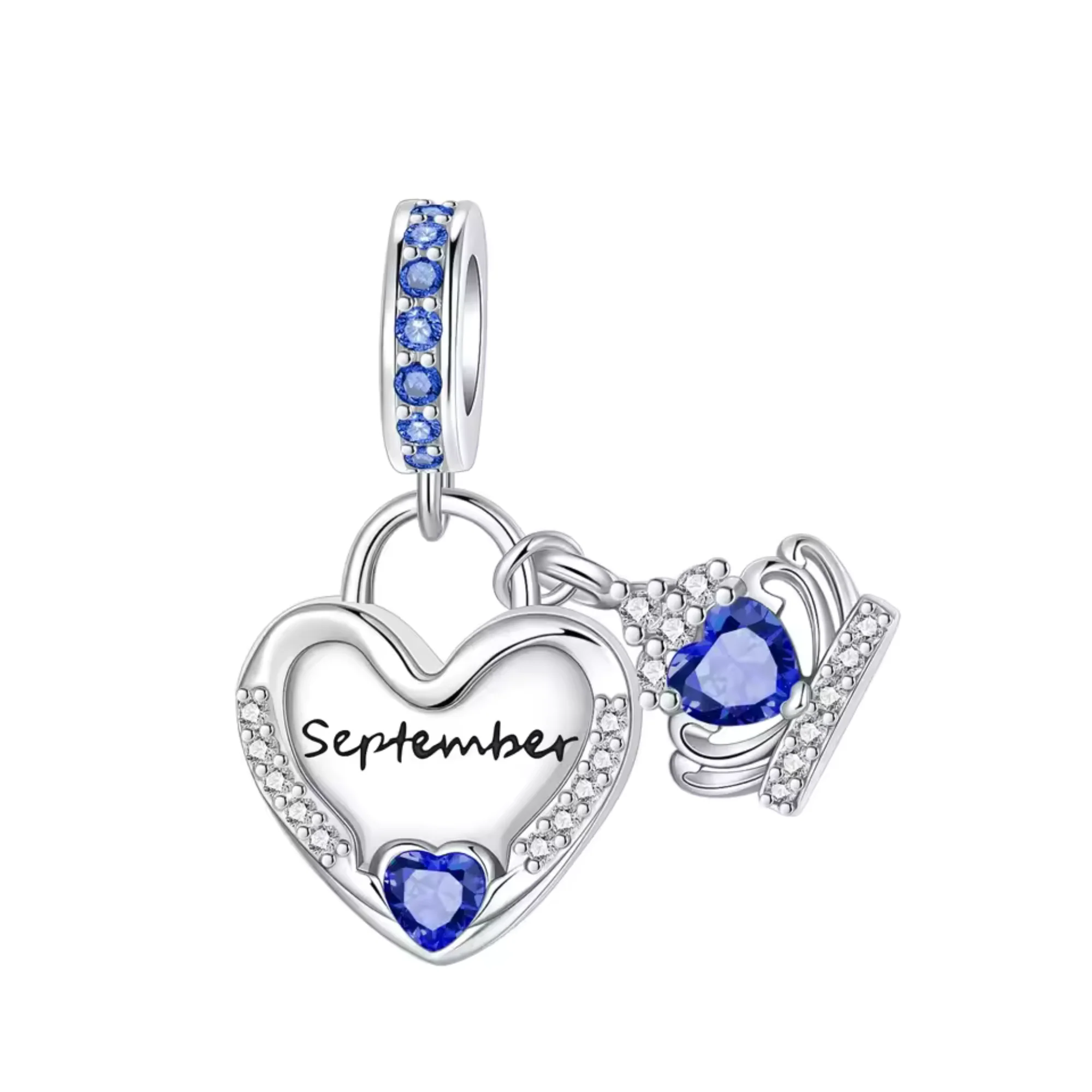 Charm Pendant - Heart with Dark Blue Rhinestones Month of September