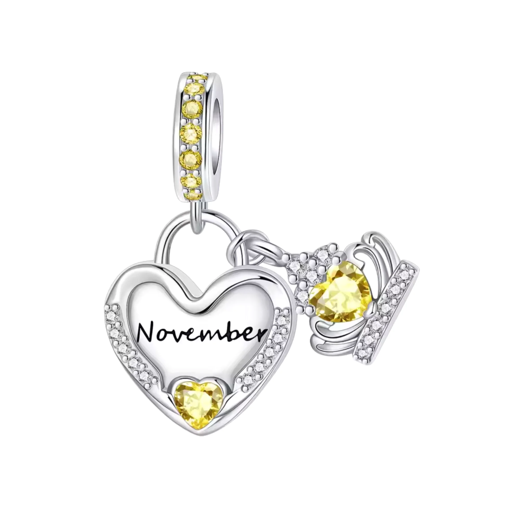 Charm Pendant - Heart with Yellow Rhinestones Month of November