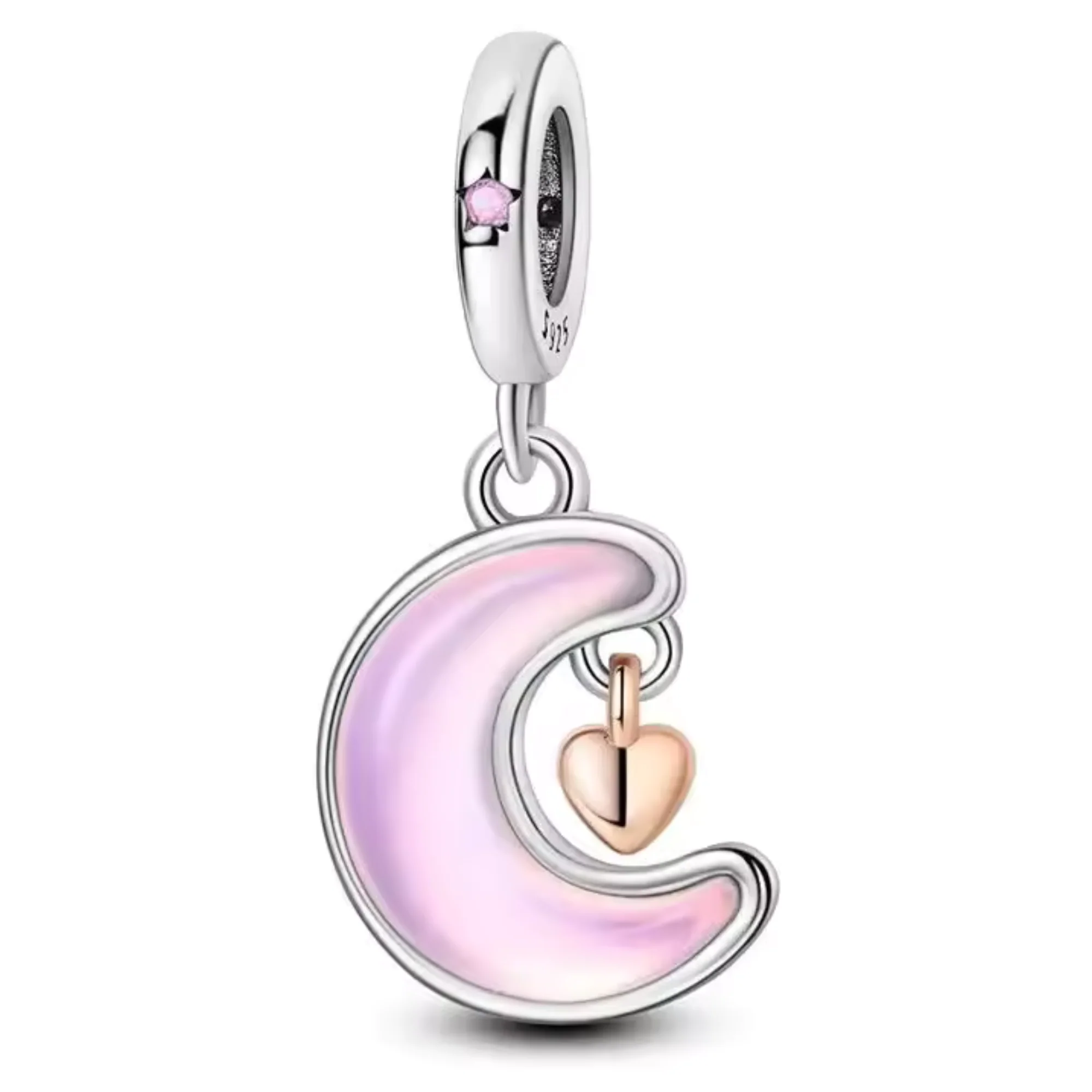 Pink Crescent Moon and Gold Heart Pendant Charm