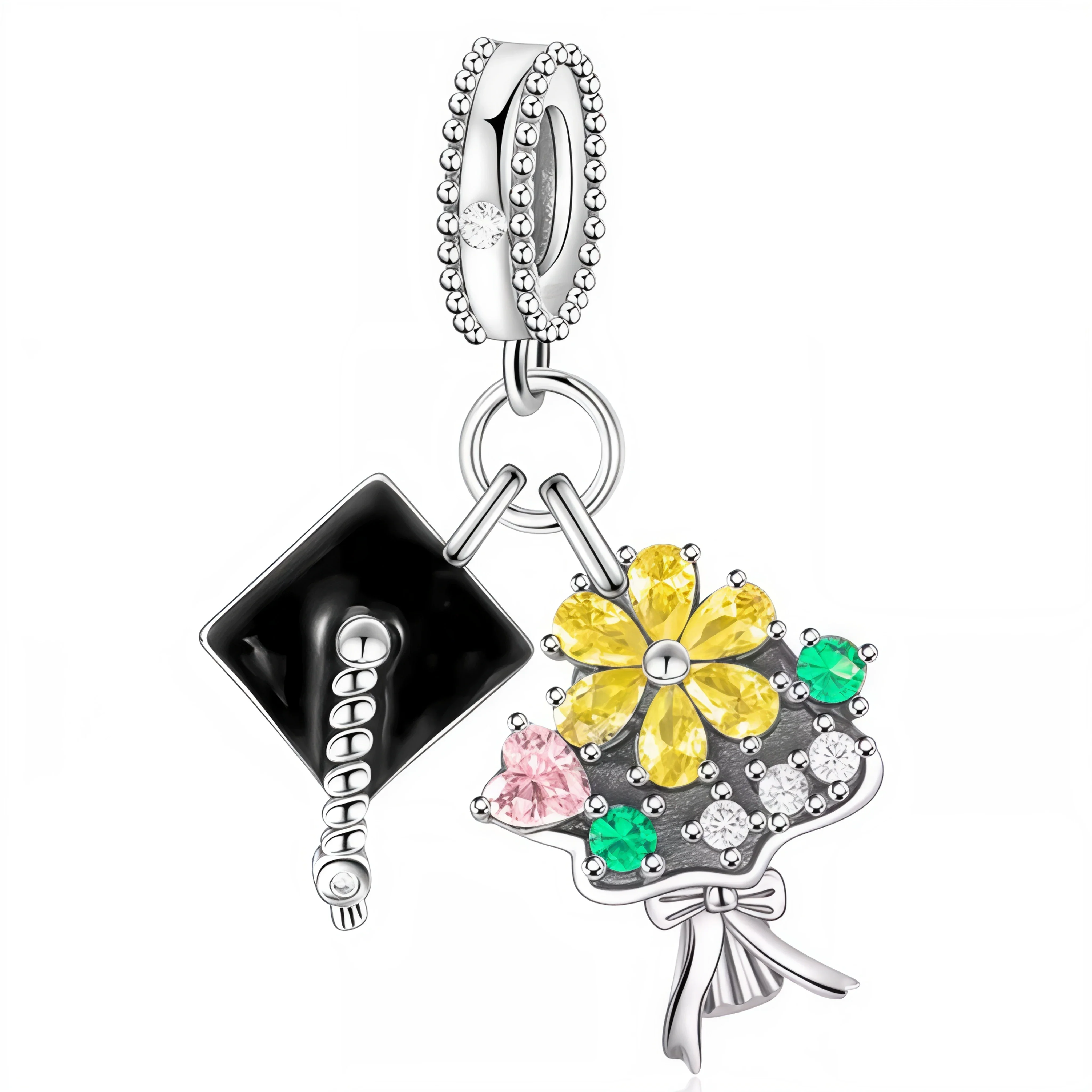 Charm Pendant – Black Graduation Hat and Flower Bouquet Duo
