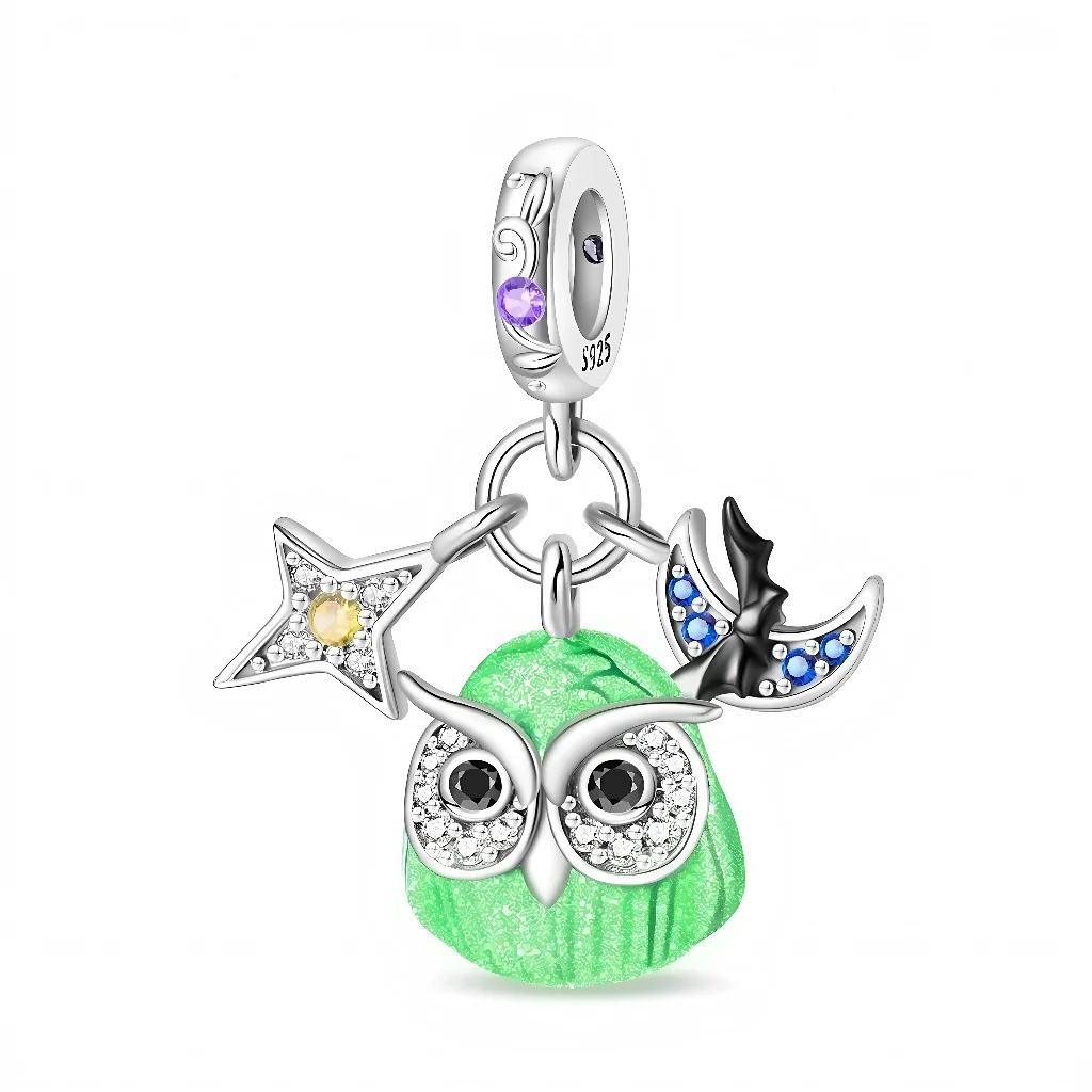 Charm Pendant - Luminous Owl with Star and Bat  - Image 2