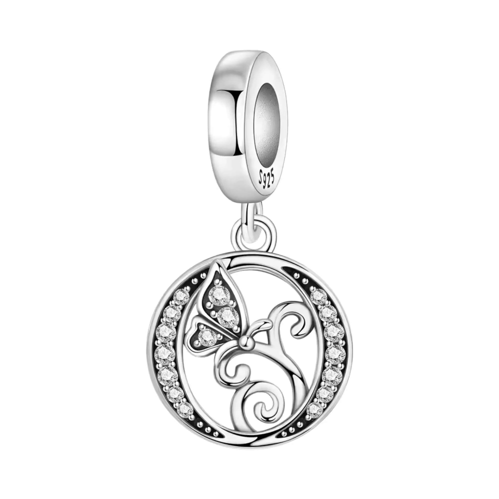 Charm Pendant - Letter "O" Silver with Rhinestones and Butterfly