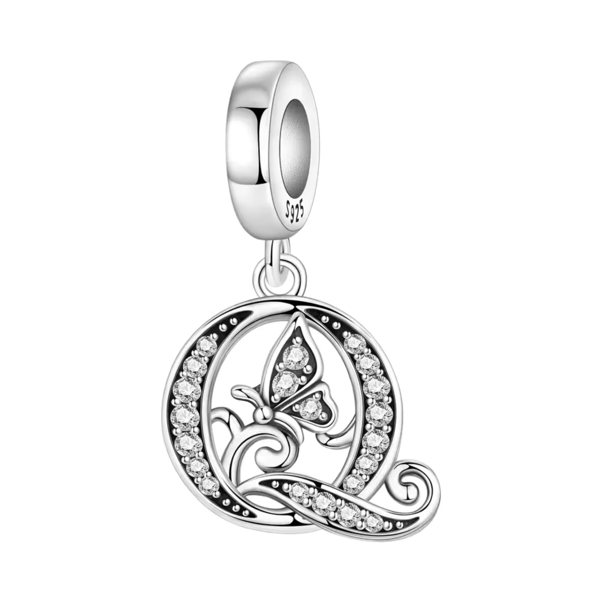 Charm Pendant - Letter "Q" Silver with Rhinestones and Butterfly