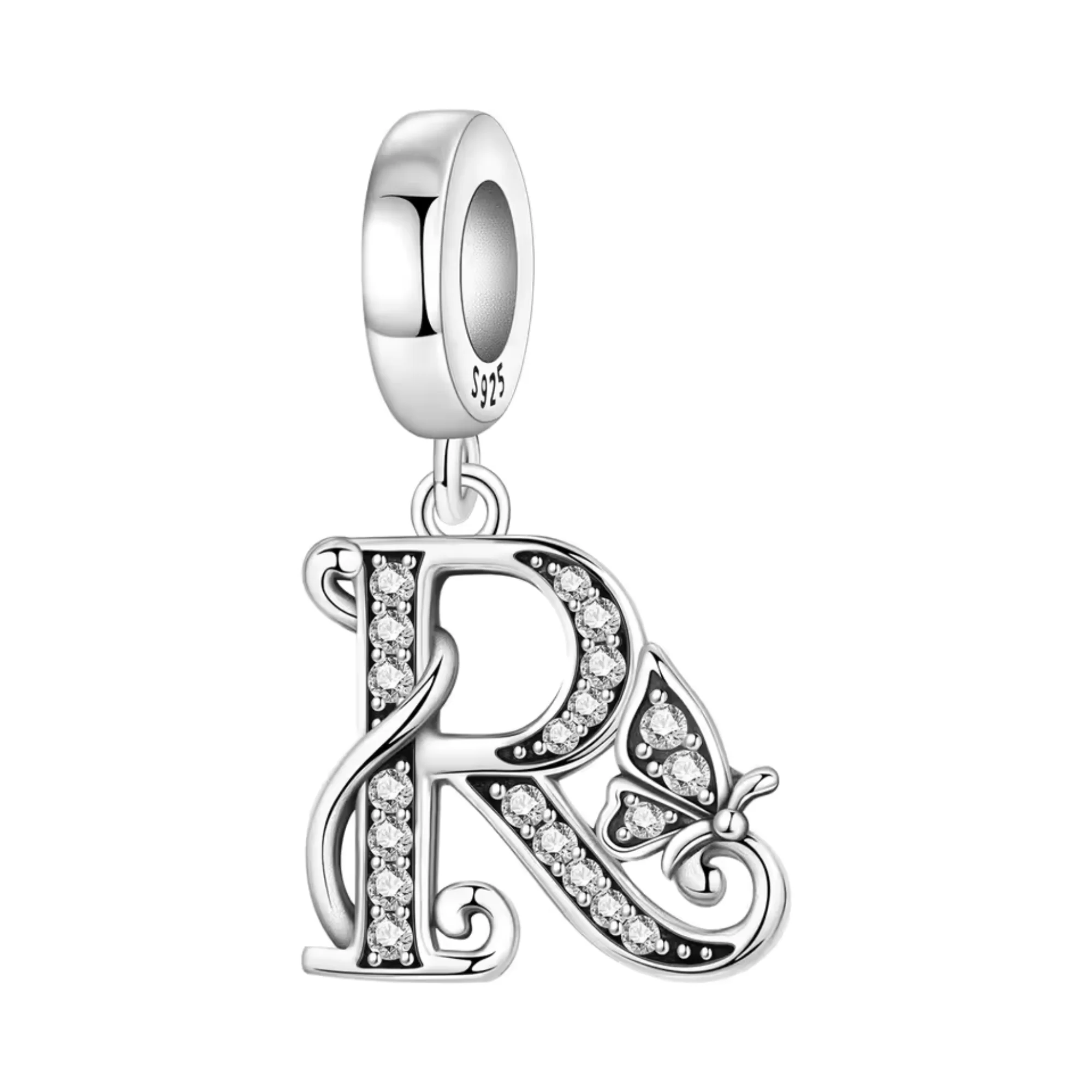 Charm Pendant - Letter "R" Silver with Rhinestones and Butterfly