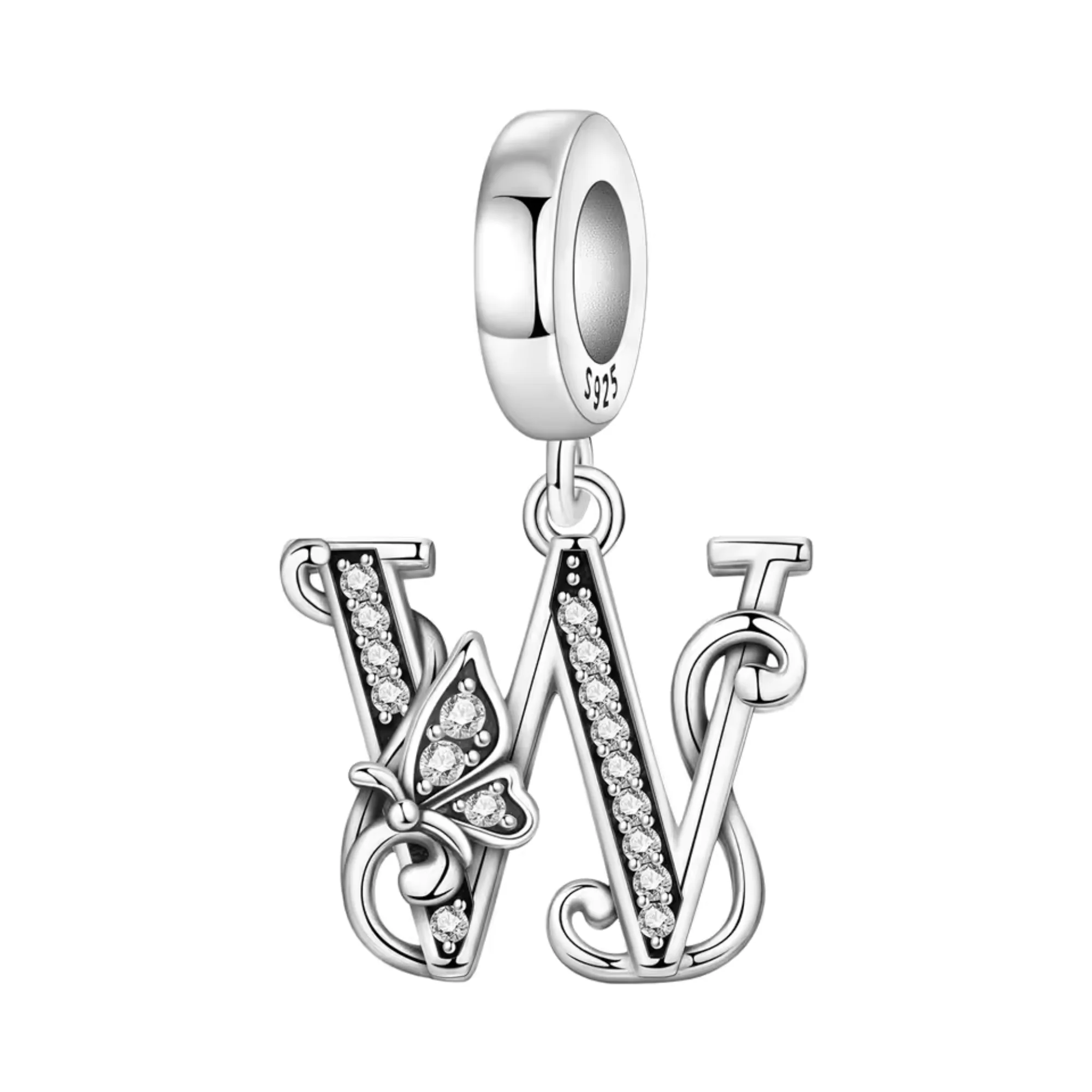 Charm Pendant - Letter "W" Silver with Rhinestones and Butterfly