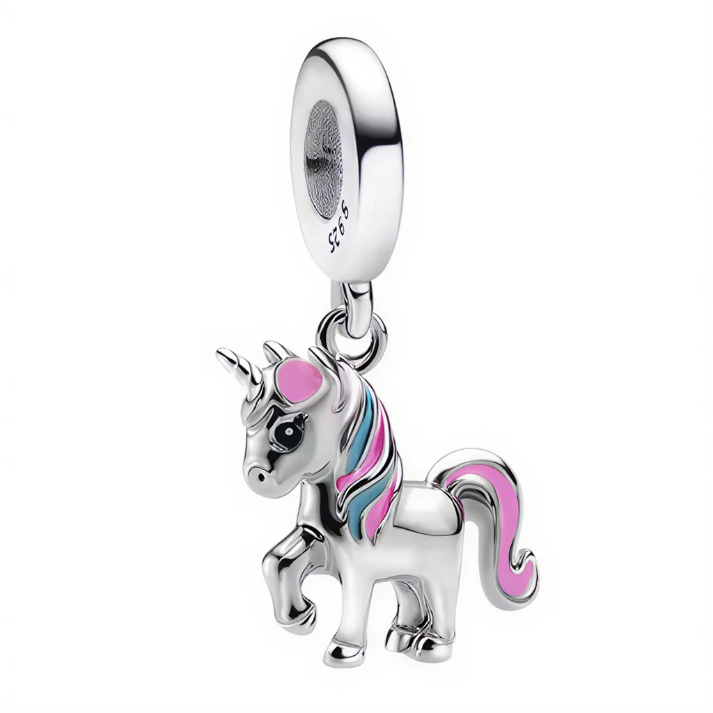 Charm Pendant - Silver Unicorn with Pink Mane and Blue Details