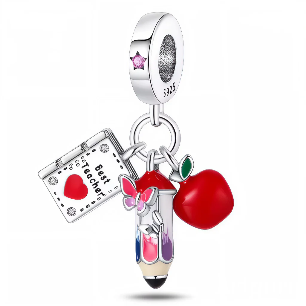 Charm Pendant - "Best Teacher" Book with Pencil and Apple