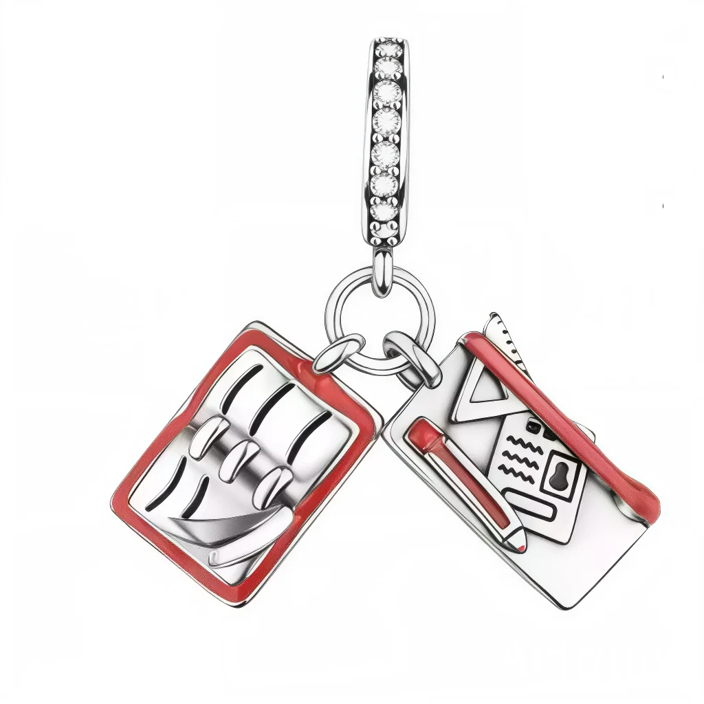 Charm Pendant - Open Book and Silver Pencil Case with Red Details