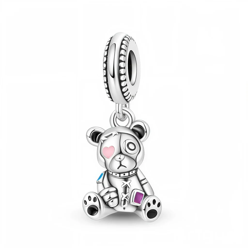 Charm Pendant - Patchwork Teddy Bear with Pink Heart
