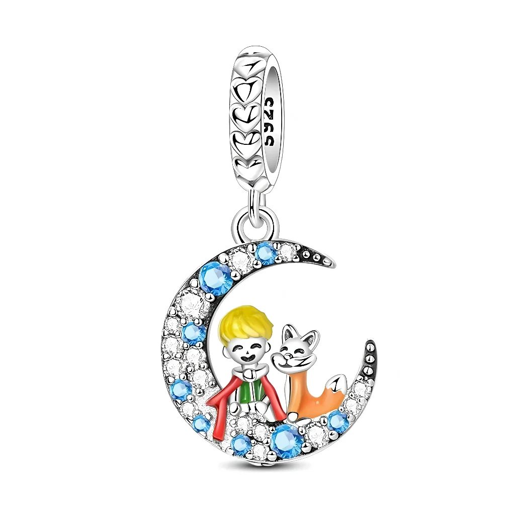 Charm Pendant - Little Boy and Fox on Crescent Moon
