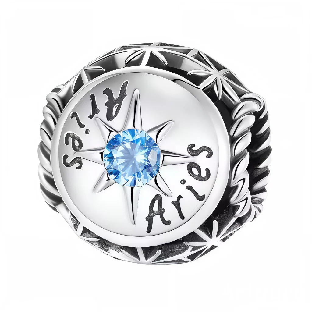 Charm - Round Aries Astrological Sign with Light Blue Stone in the Center