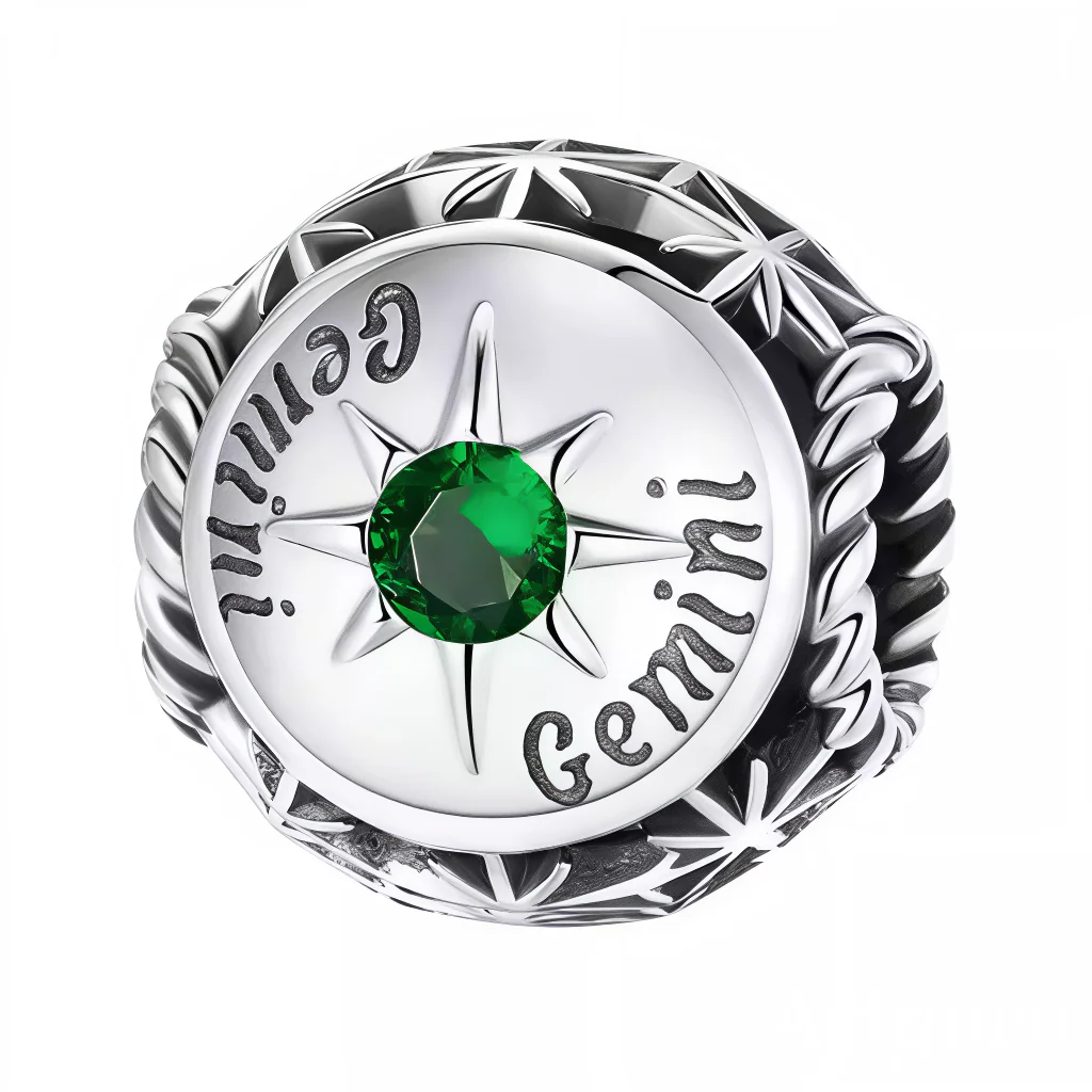 Charm - Round Gemini Astrological Sign with Green Stone in the Center