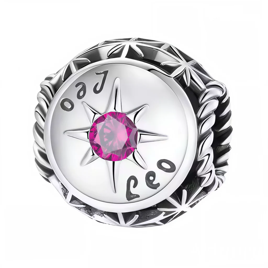 Charm - Round Astrological Sign Leo with Pink Stone in the Center