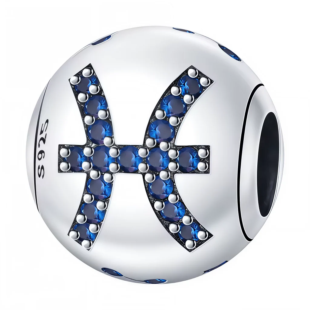 Pisces astrological sign round charm with blue rhinestones