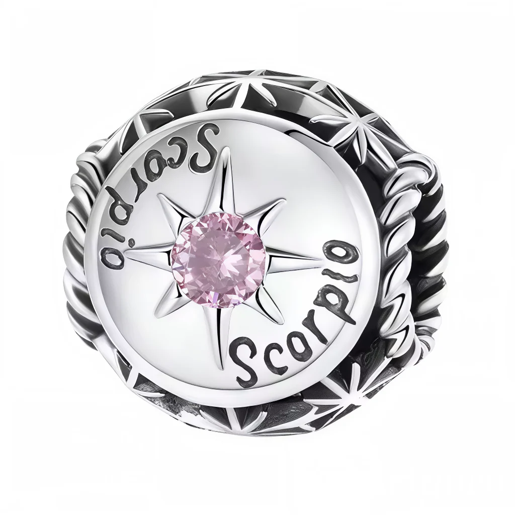 Charm - Round Scorpio Astrological Sign with Pink Stone in the Center