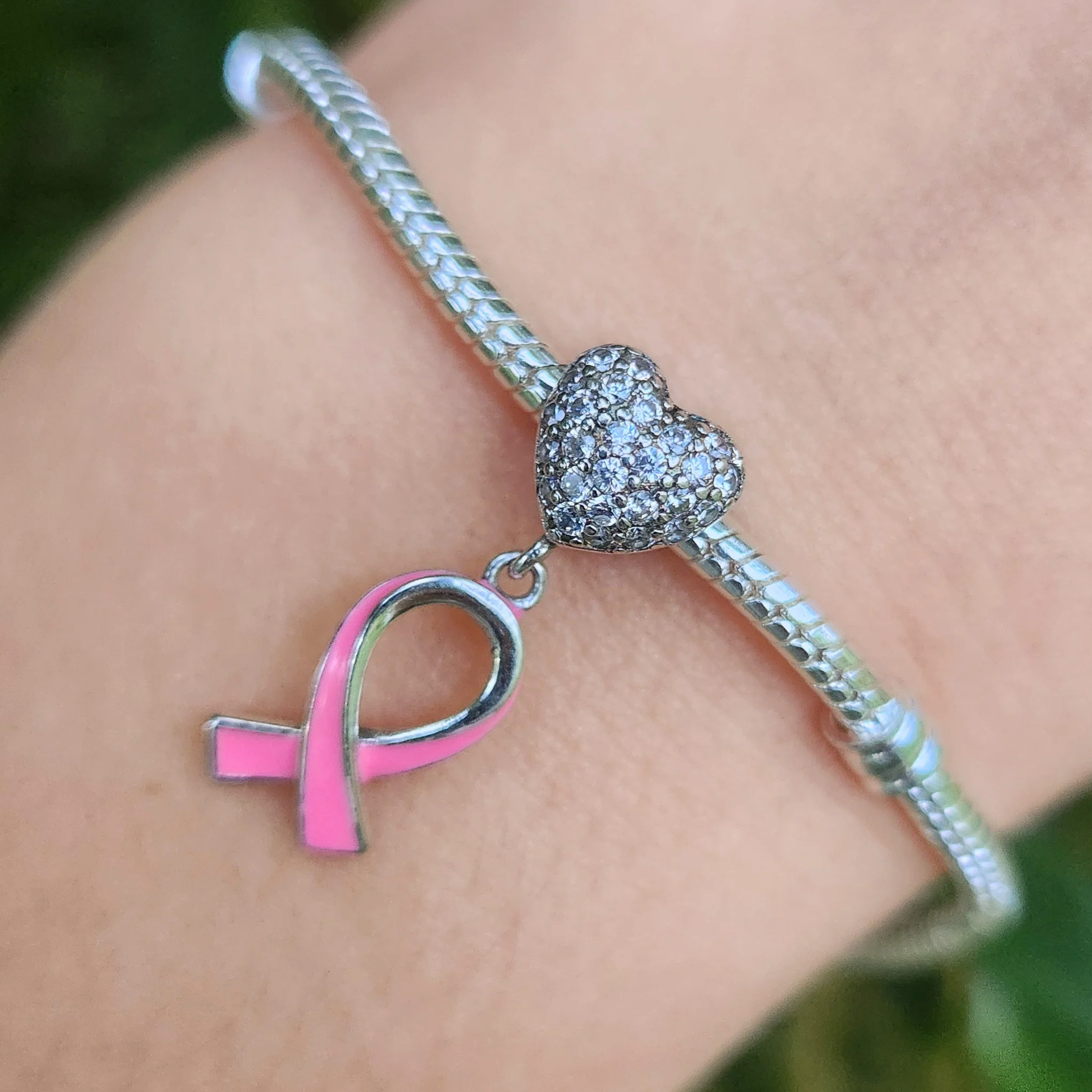 Charm Pendant - Pink Ribbon with Heart - Image 2