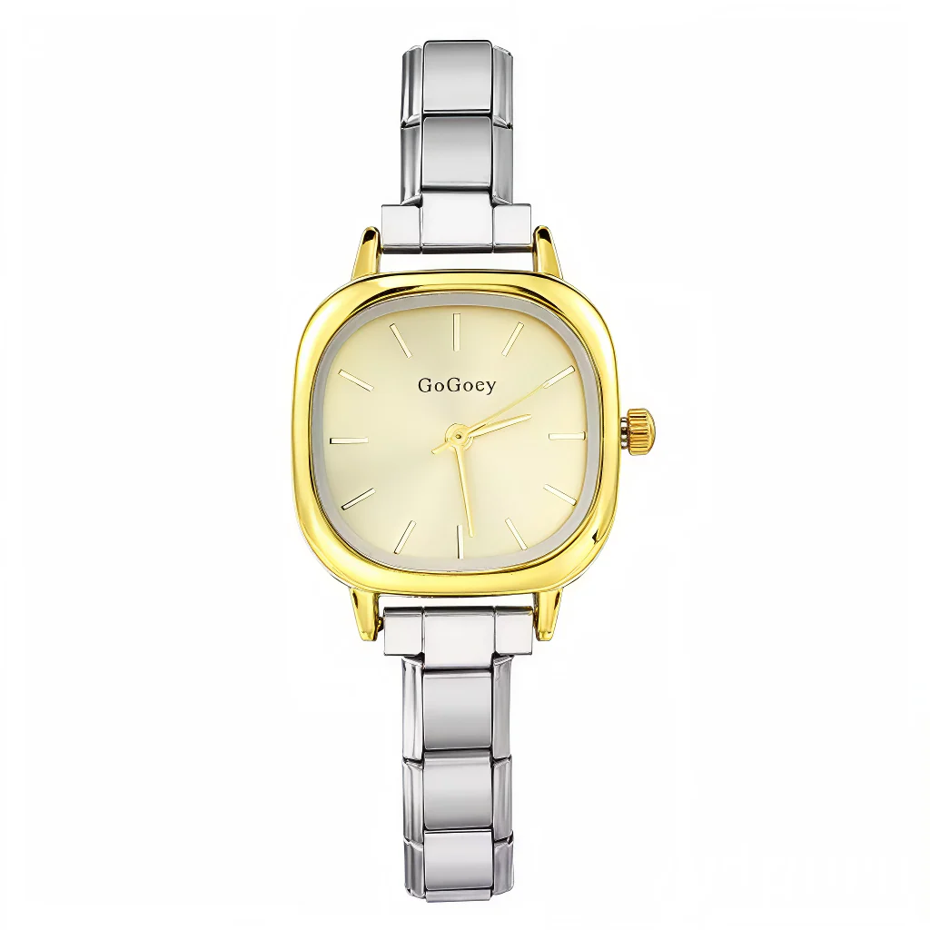 Women's Square Gold Stainless Steel Watch - Gold Dial - Bracelet Compatible with Italian Charms
